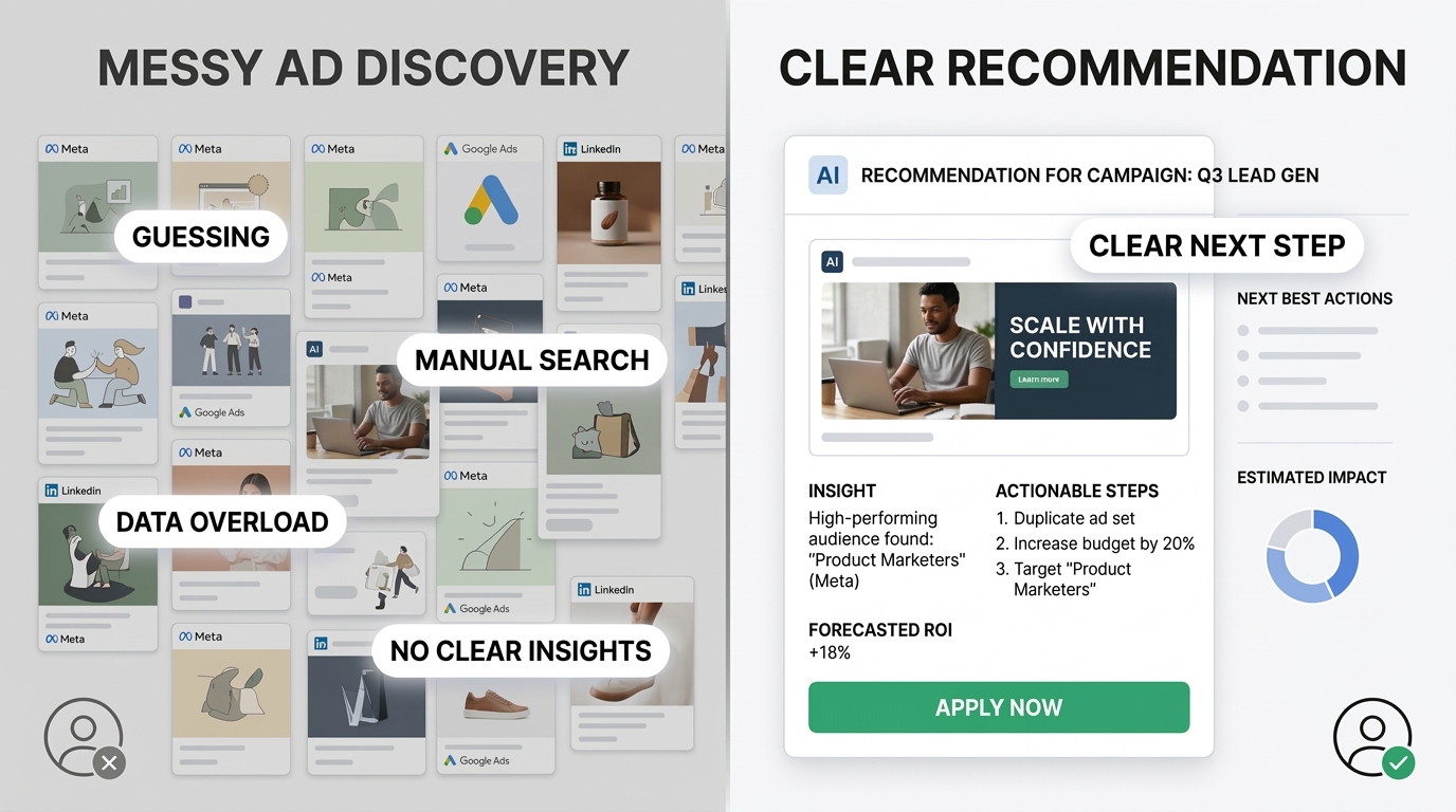 Messy ad discovery vs clear recommendation